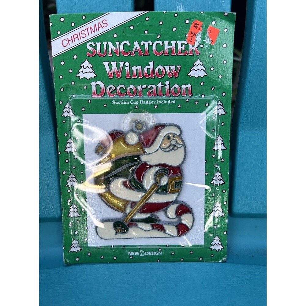 Vintage Faux Stained Glass Santa Claus Christmas Ornament Suction Cup Hanger